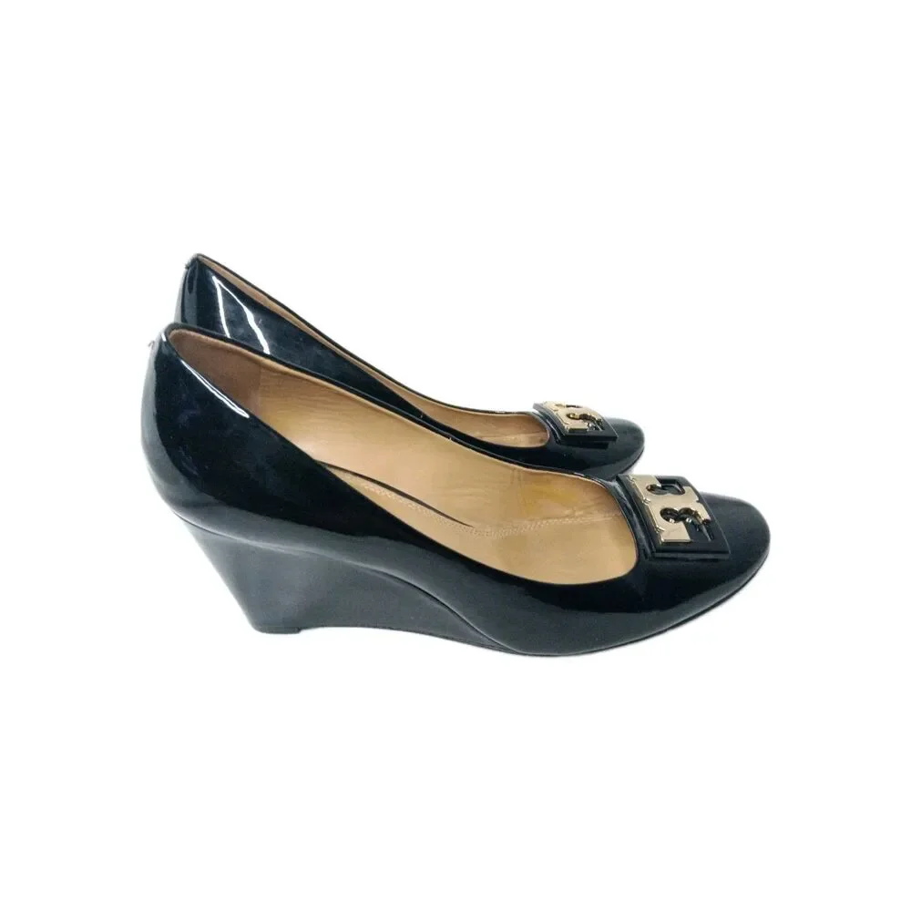 Tory Burch Wedge Shoes Women's Size 8.5 M Black Patent Leather Pumps Closed Toe